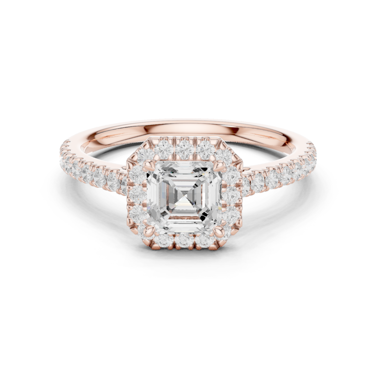 Gold Halo Pave Engagement Ring, Asscher center stone, Rose Gold