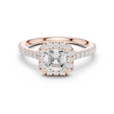 Gold Halo Pave Engagement Ring, Asscher center stone, Rose Gold