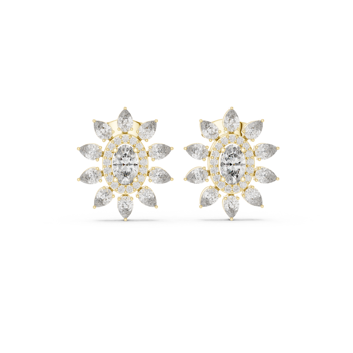 14K Solid Gold Lab Diamond Flower Cluster Earrings, Yellow Gold