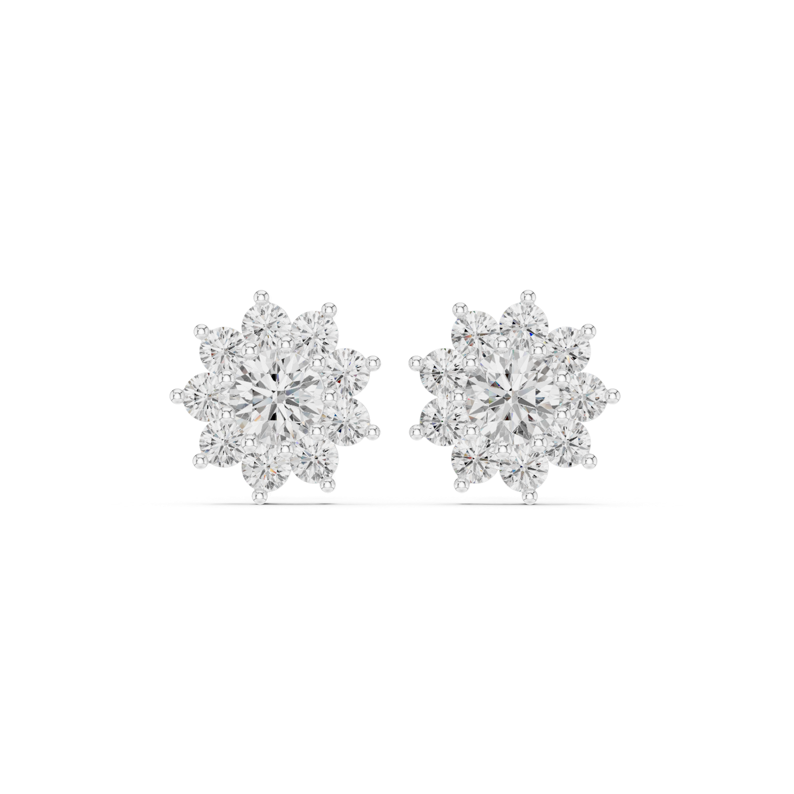 14K Solid Gold Lab Diamond Flower Cluster Earrings, White Gold