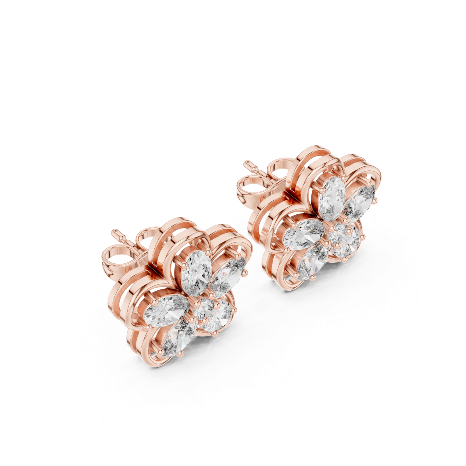 14K Solid Gold Lab Diamond Flower Cluster Earrings, Rose Gold, view 2