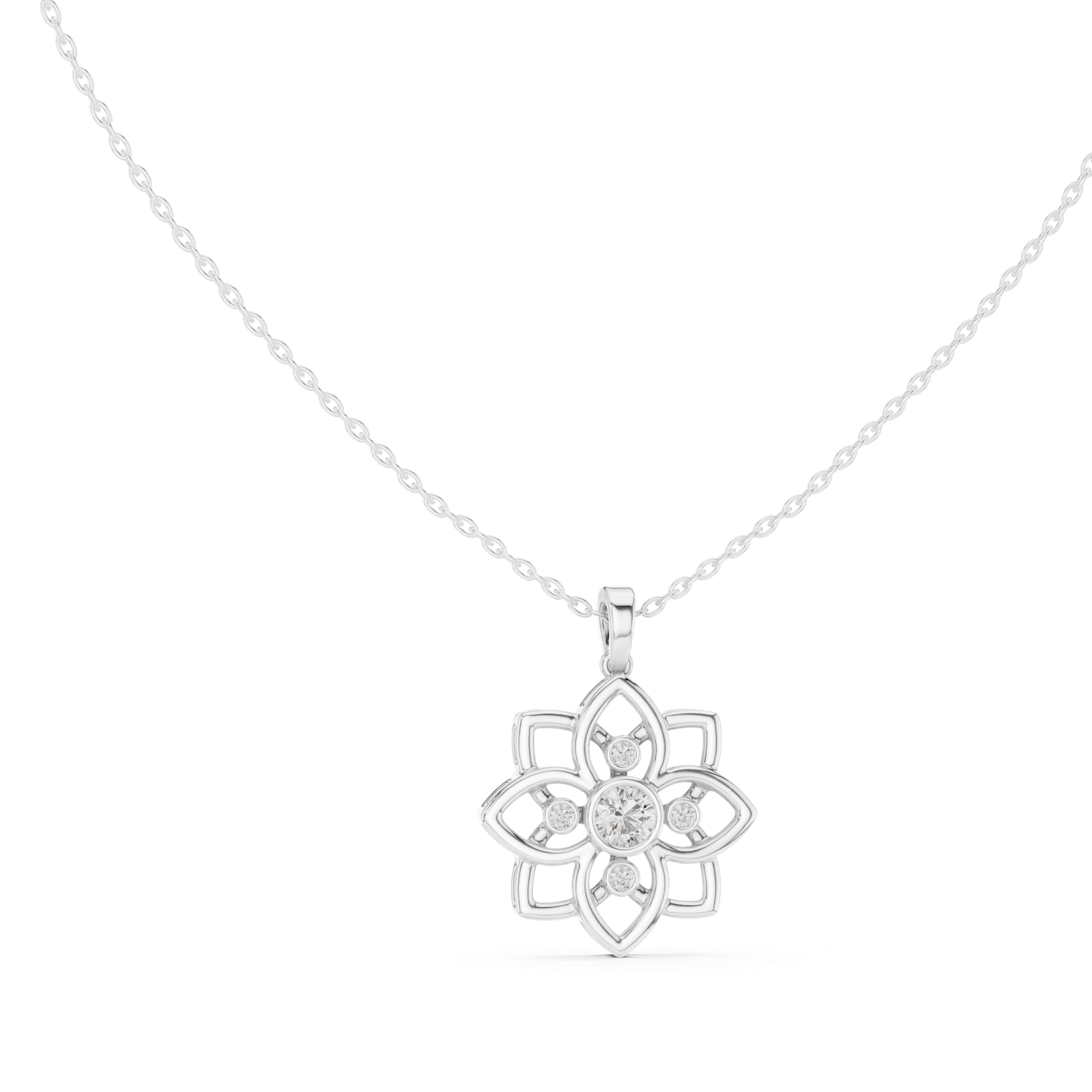 14K Solid Gold Lab Diamond Flower Pendant Necklace, White Gold, view 1