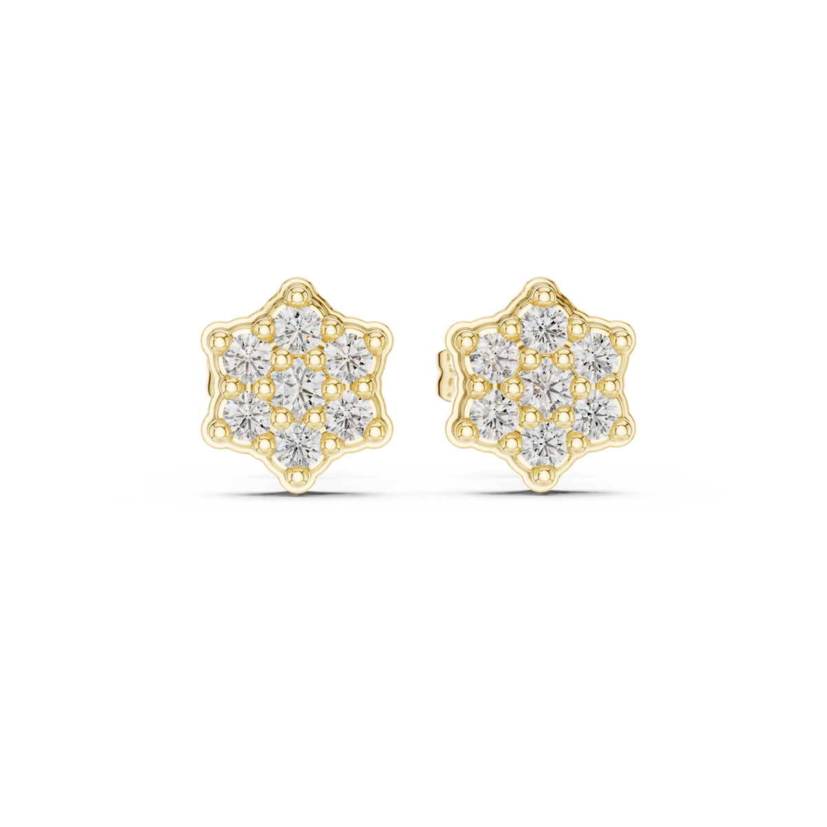 14K Solid Gold Lab Diamond Flower Cluster Earrings, Yellow Gold