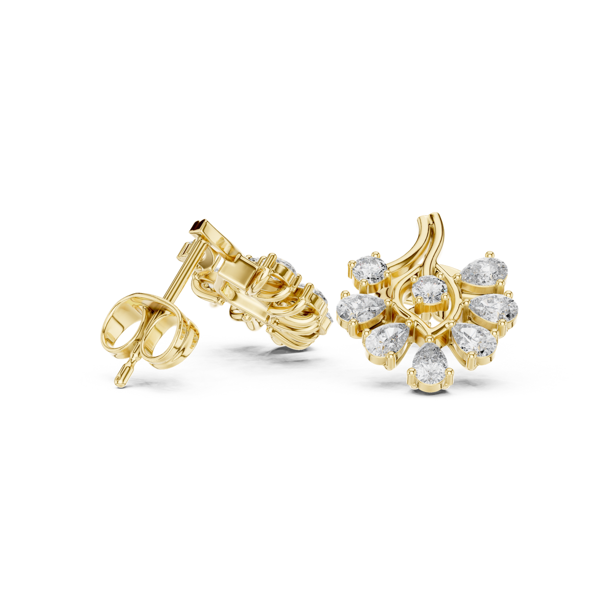 14K Solid Gold Lab Diamond Flower Cluster Earrings, Yellow Gold, view 1