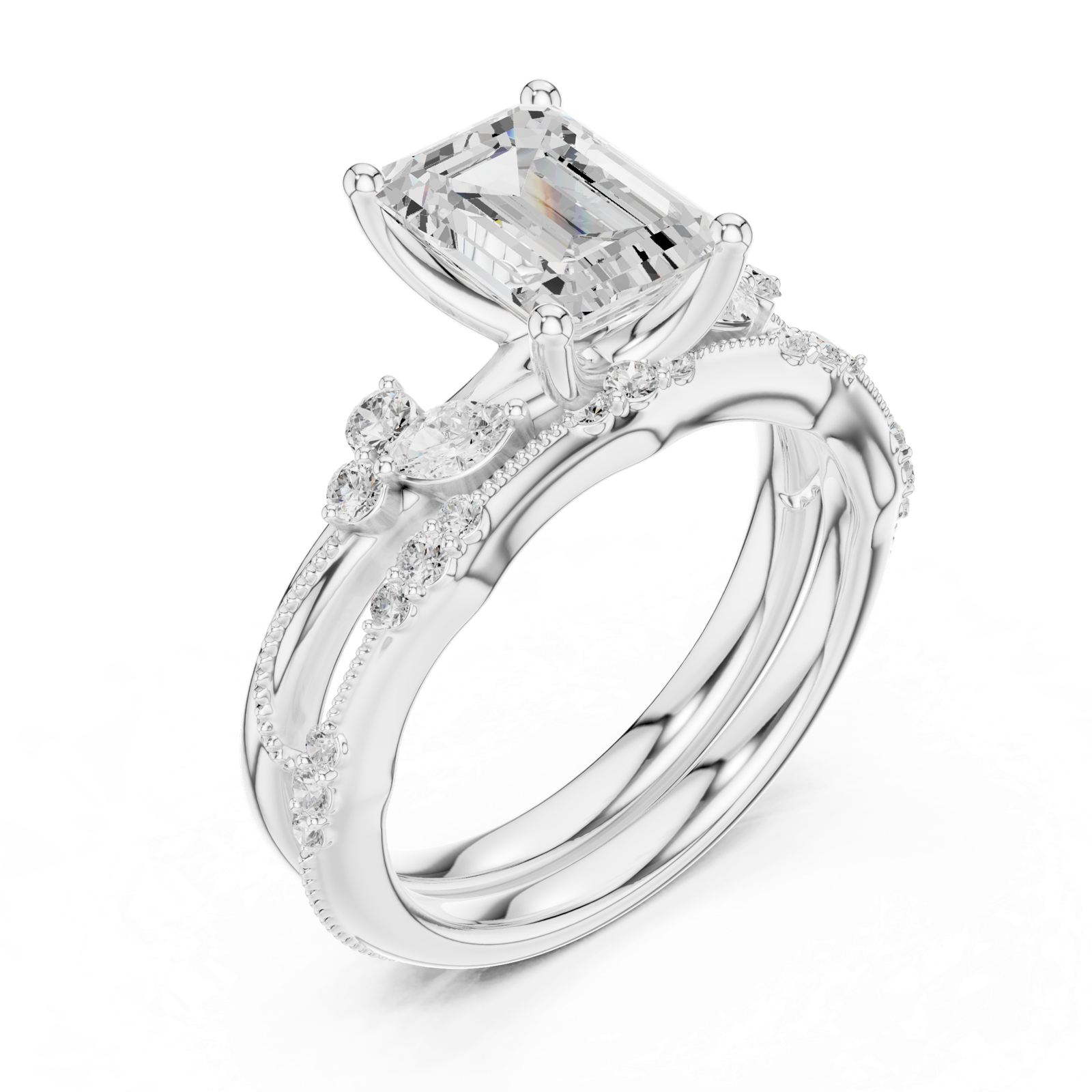 Gold Ring DDLR-299, Emerald center stone, White Gold, view 2