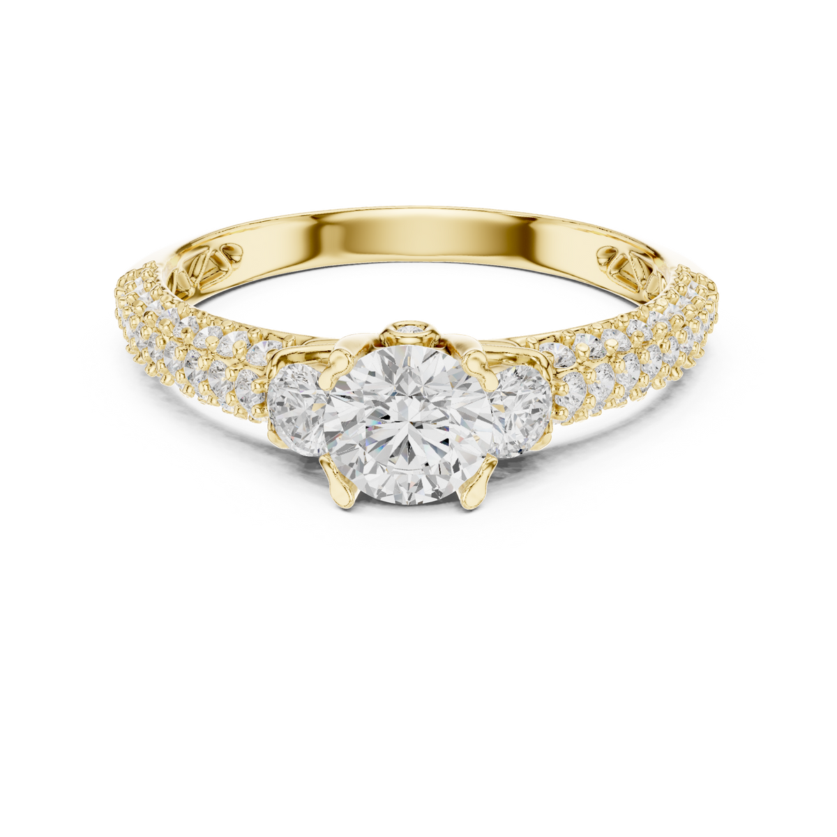 14K Solid Gold Lab Diamond Three-Stone Ring, Yellow Gold