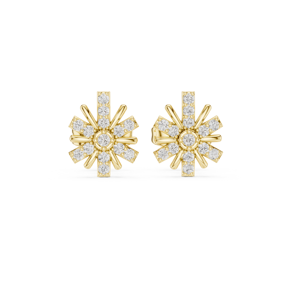 14K Solid Gold Lab Diamond Flower Cluster Earrings, Yellow Gold
