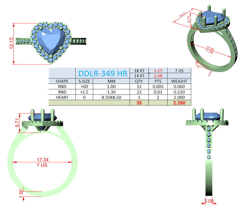 Gold Ring DDLR-349, Heart center stone, Yellow Gold, view 50