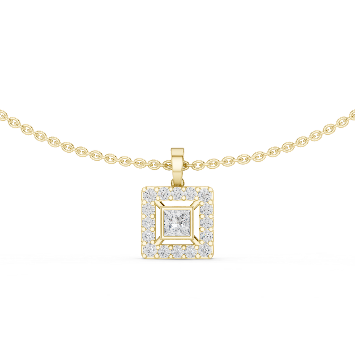 14K Solid Gold Lab Diamond Halo Pendant Necklace, Yellow Gold