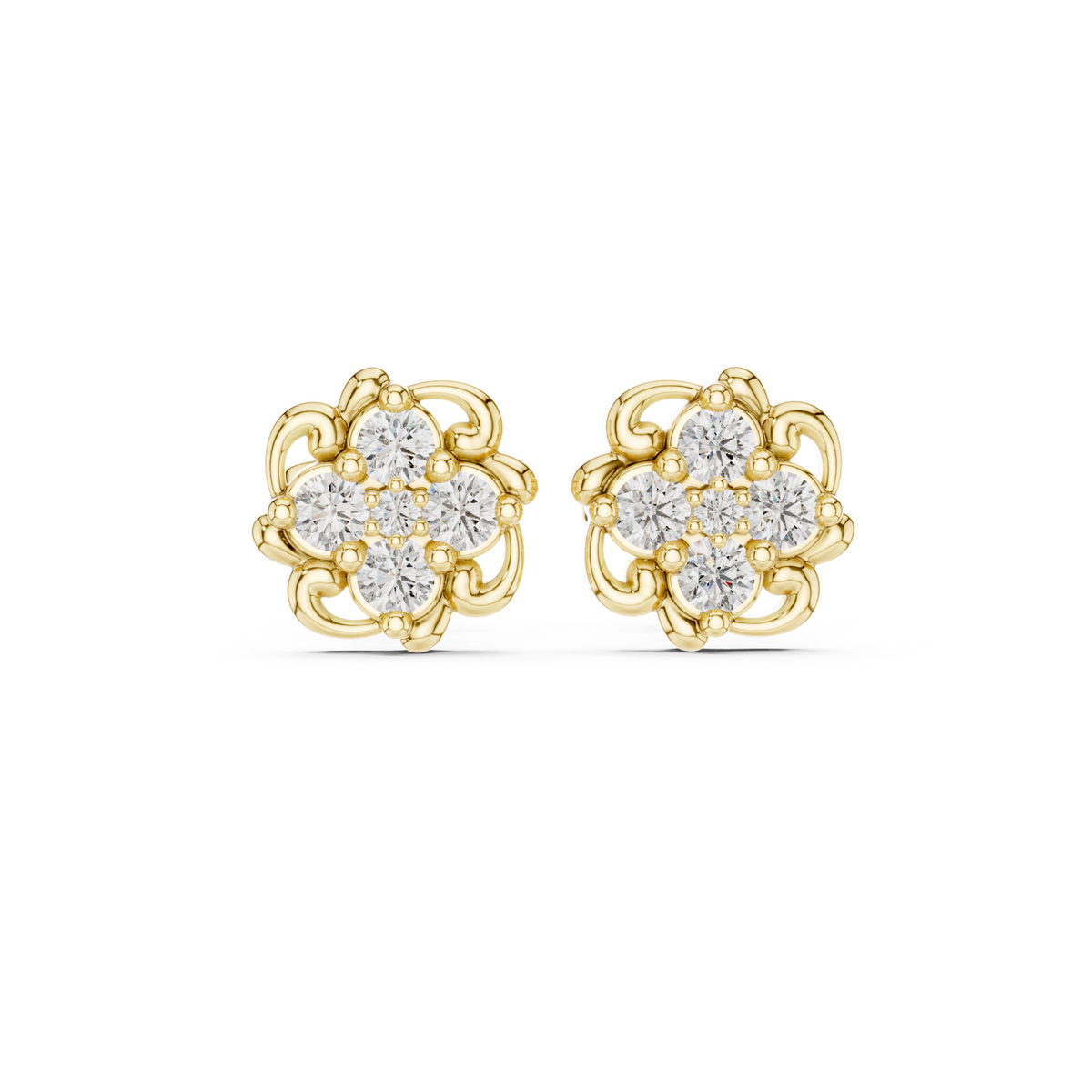 14K Solid Gold Lab Diamond Flower Cluster Earrings, Yellow Gold