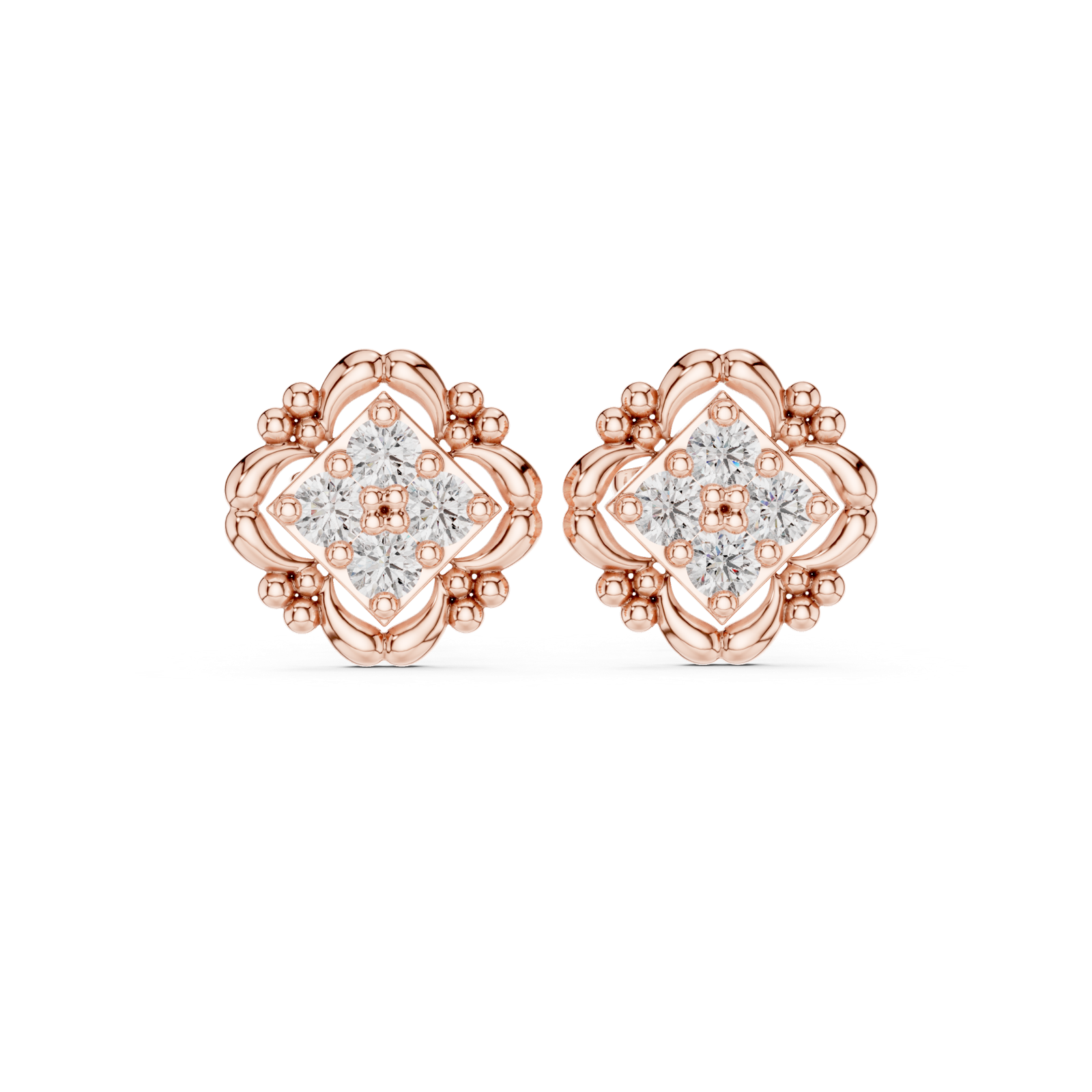 14K Solid Gold Lab Diamond Flower Cluster Earrings, Rose Gold
