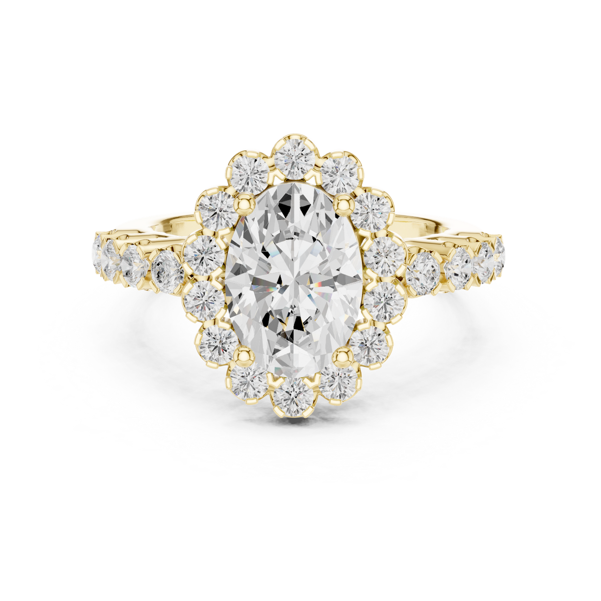 14K Solid Gold Lab Diamond Flower Halo Ring, Yellow Gold