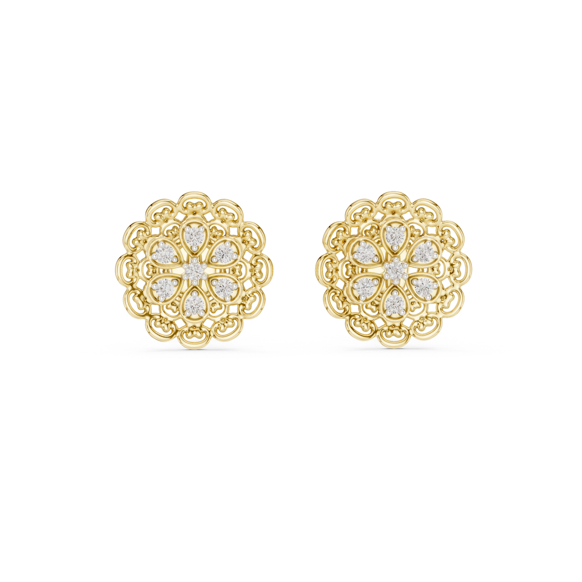 14K Solid Gold Lab Diamond Flower Cluster Earrings, Yellow Gold