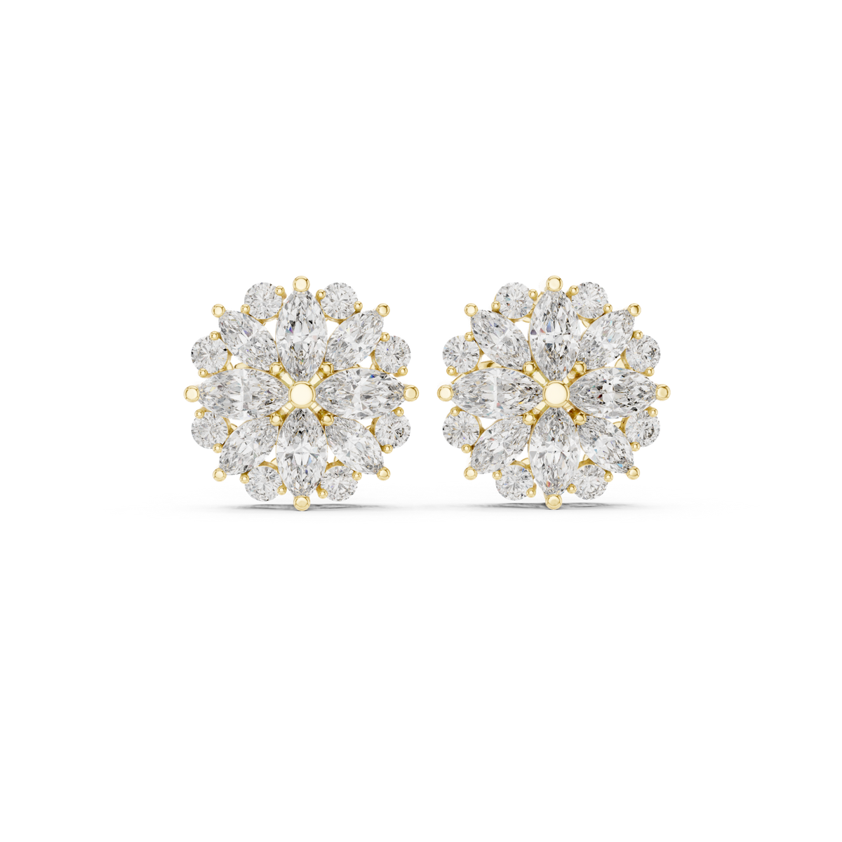 14K Solid Gold Lab Diamond Flower Cluster Earrings, Yellow Gold