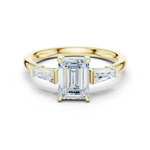 Gold Three-Stone Baguette Engagement Ring, Emerald center stone, Yellow Gold