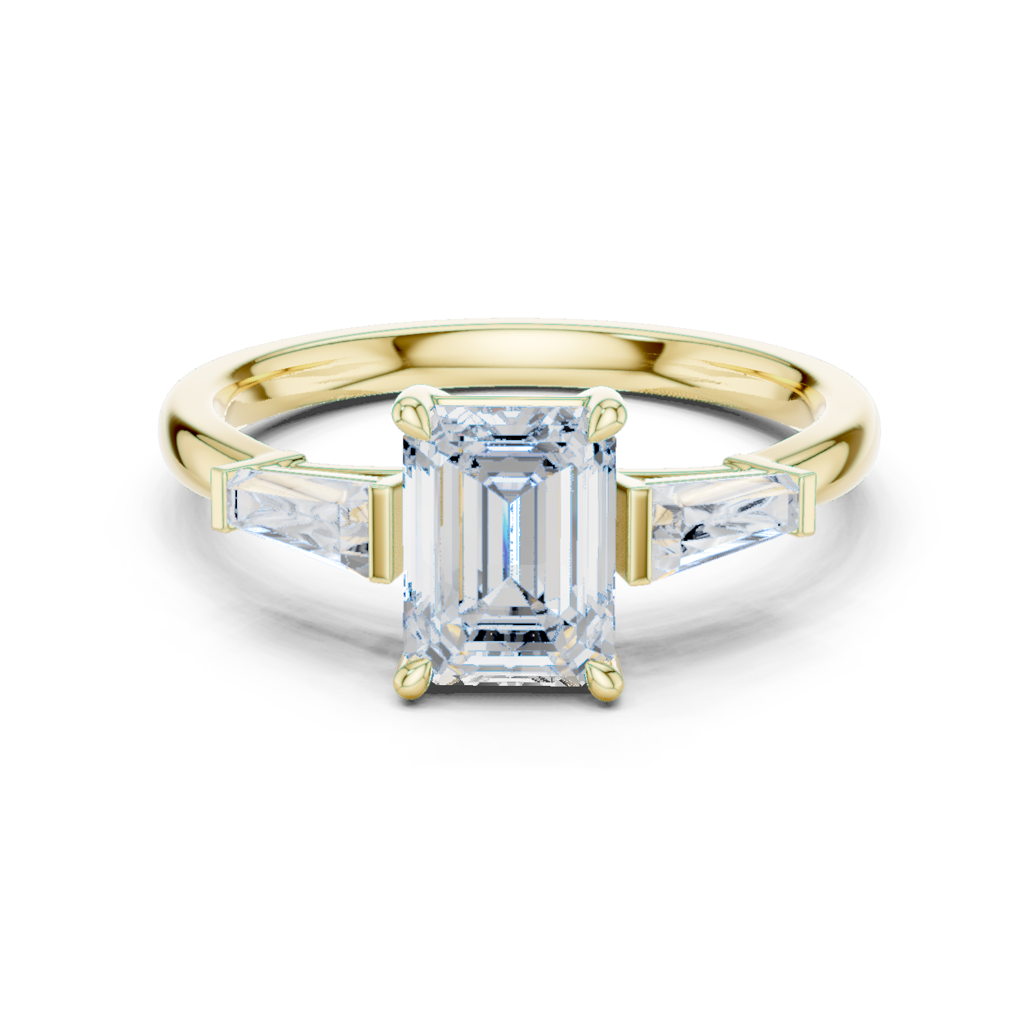 Gold Three-Stone Baguette Engagement Ring, Emerald center stone, Yellow Gold