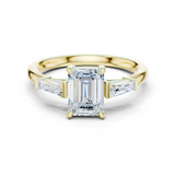 Gold Three-Stone Baguette Engagement Ring, Emerald center stone, Yellow Gold