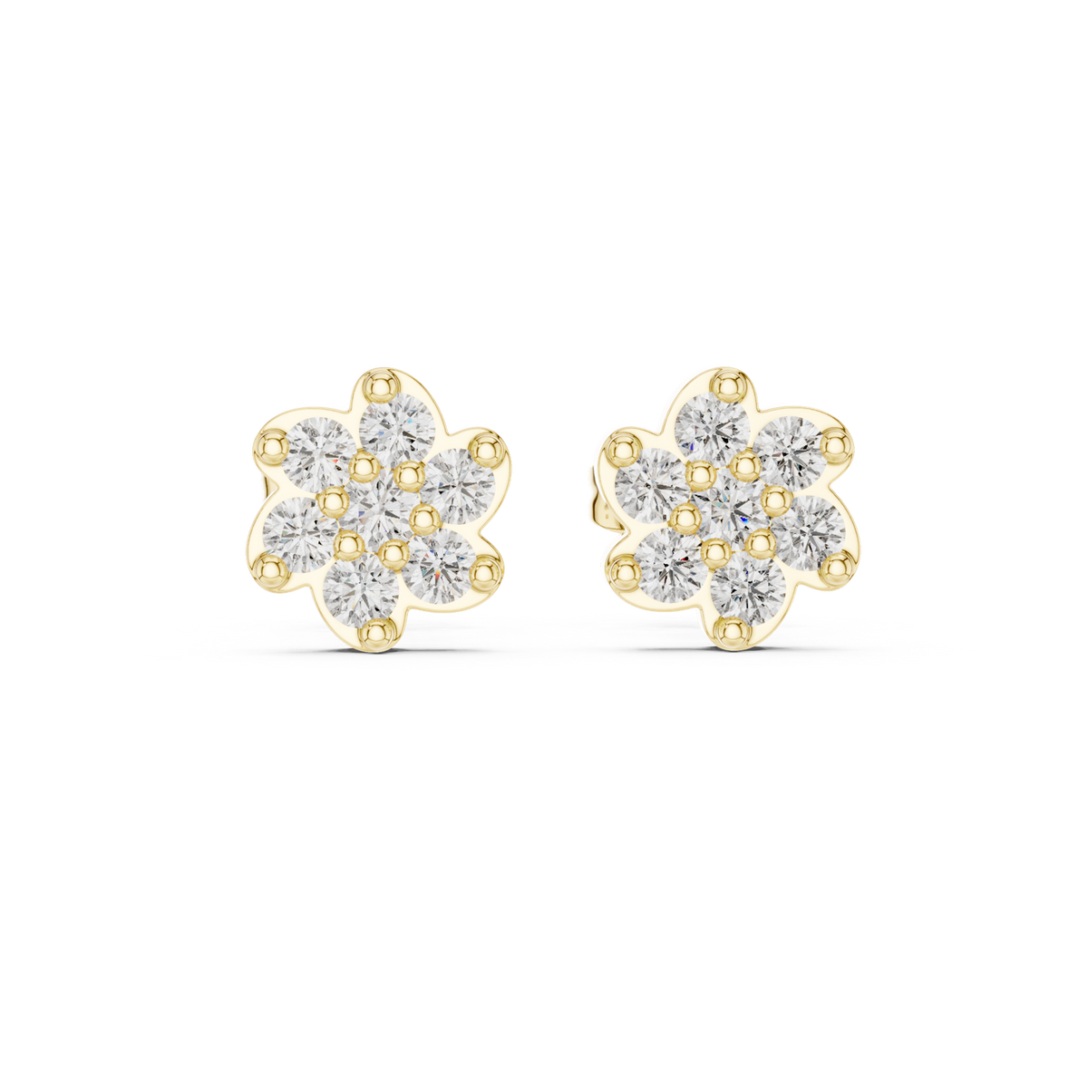 14K Solid Gold Lab Diamond Flower Cluster Earrings, Yellow Gold