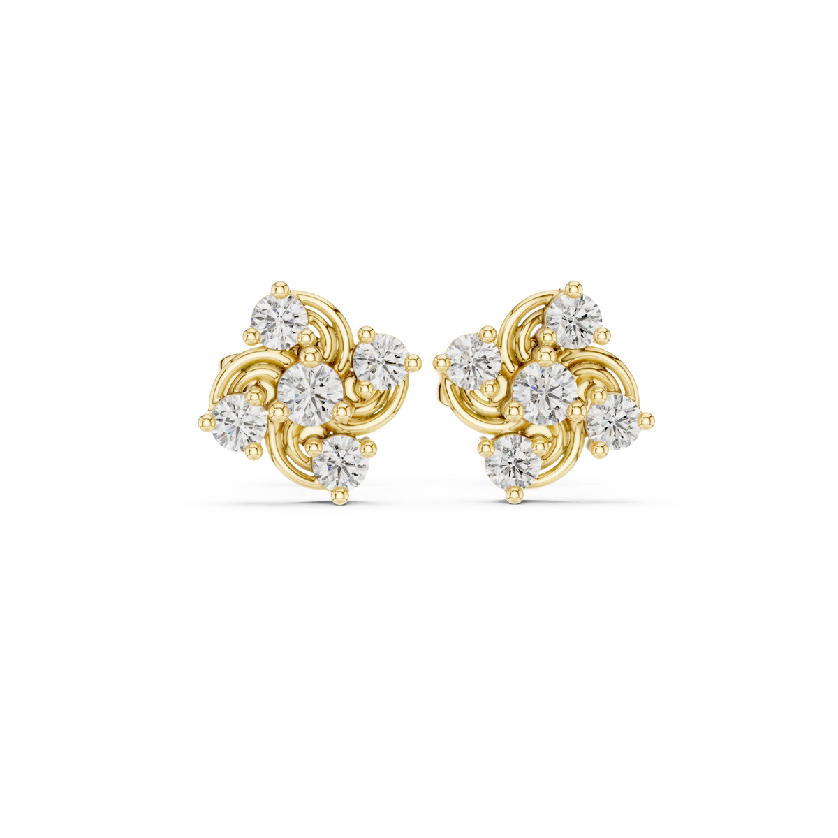 14K Solid Gold Lab Diamond Flower Cluster Earrings, Yellow Gold