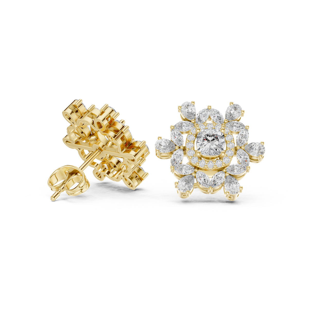 14K Solid Gold Lab Diamond Flower Cluster Earrings, Yellow Gold, view 1