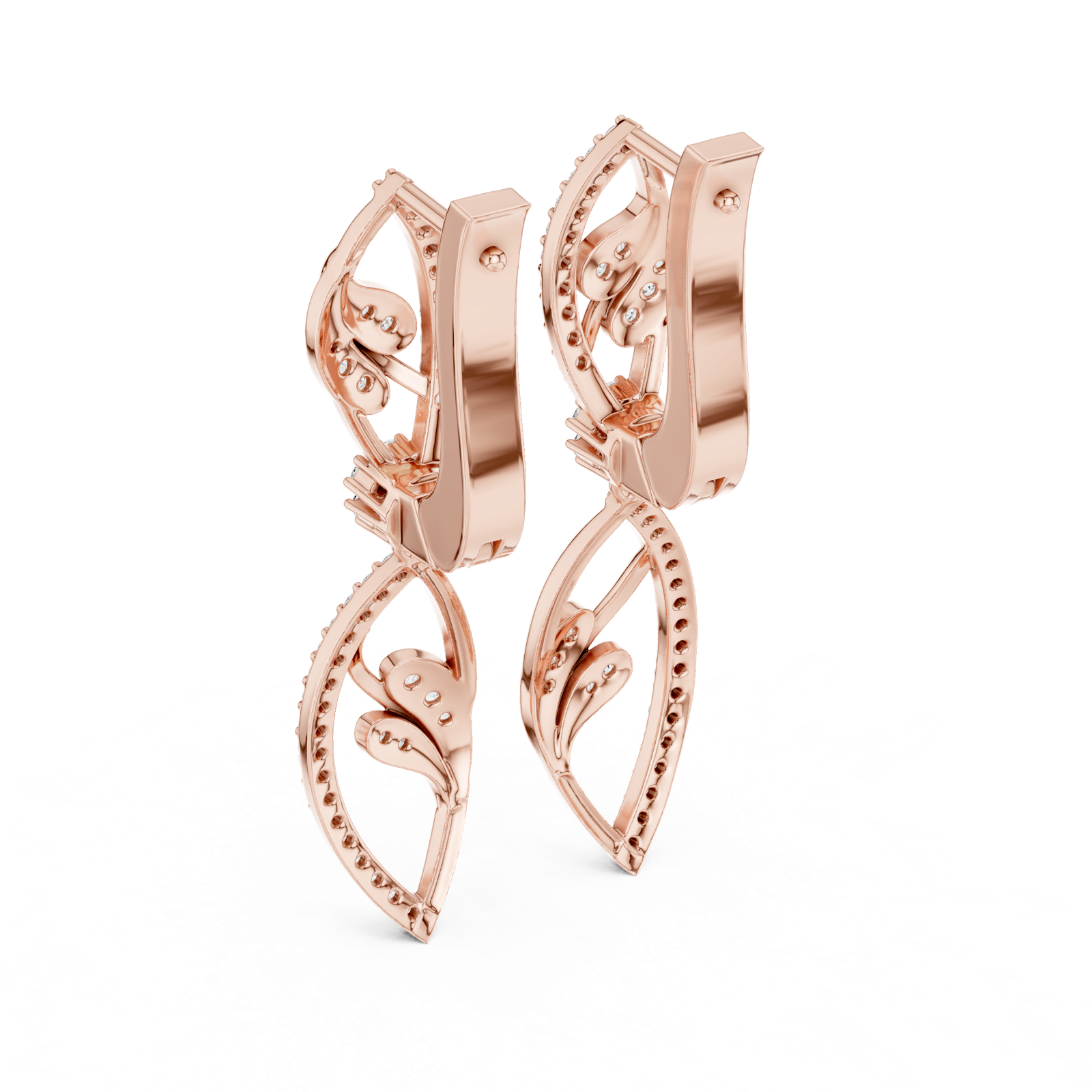 14K Solid Gold Lab Diamond Leaf Drop Earrings, Rose Gold, view 3