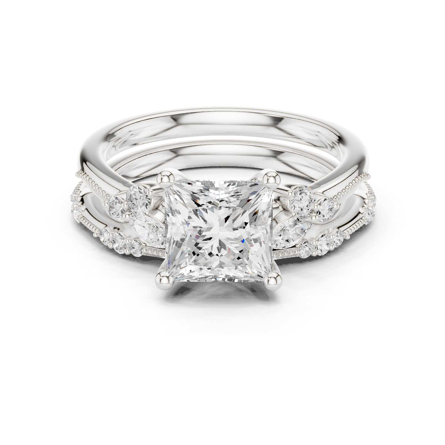 Gold Ring DDLR-299, Princess center stone, White Gold