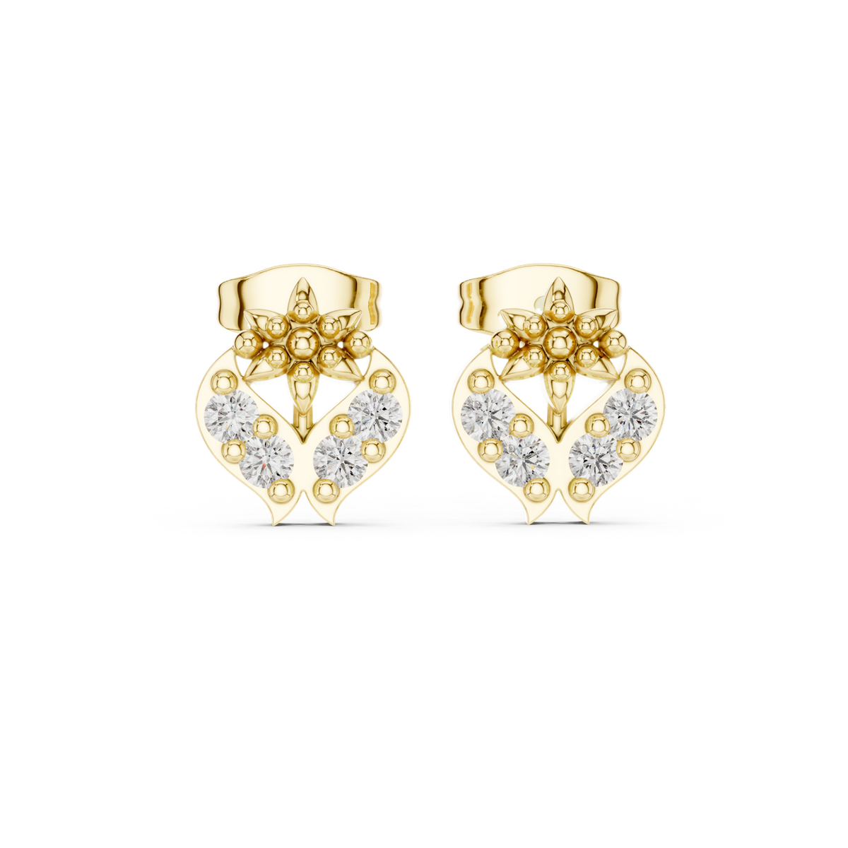 14K Solid Gold Lab Diamond Heart Cluster Earrings, Yellow Gold