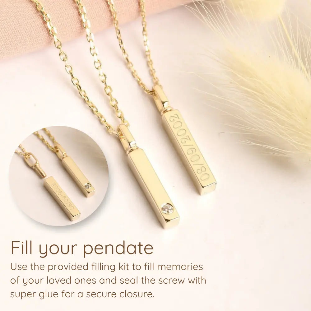 Solid 14K gold vertical bar cremation necklace for ashes – personalized memorial pendant with engraving option

