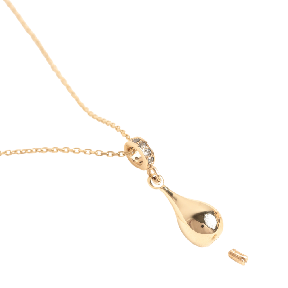 Handmade teardrop urn pendant in 14K solid gold – discreet ash holder necklace for remembrance or gifting
