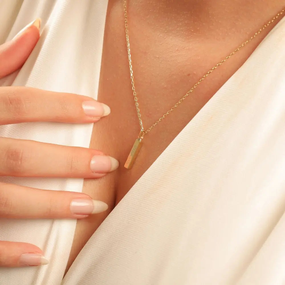 Solid 14K gold vertical bar cremation necklace for ashes – personalized memorial pendant with engraving option