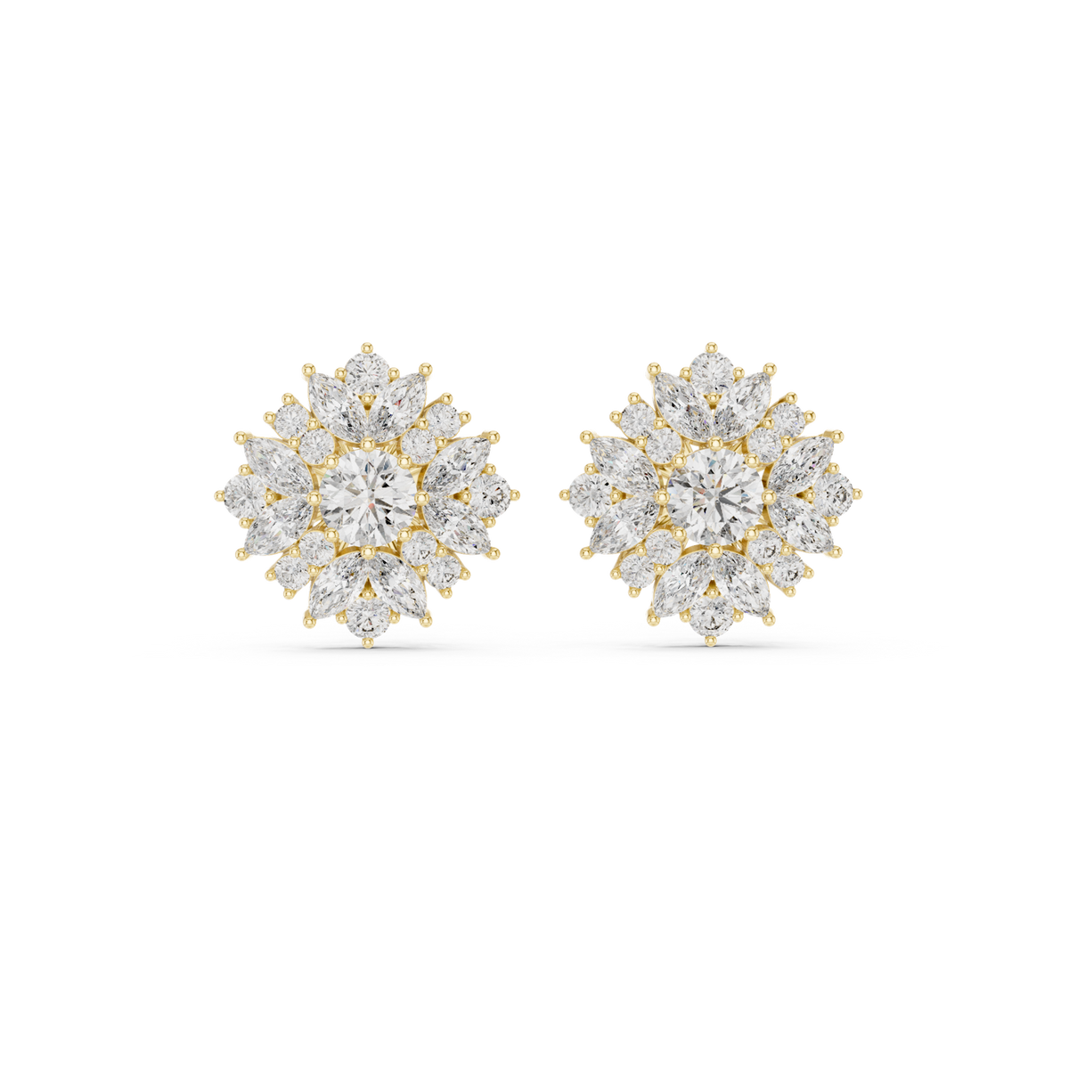 14K Solid Gold Lab Diamond Flower Cluster Earrings, Yellow Gold