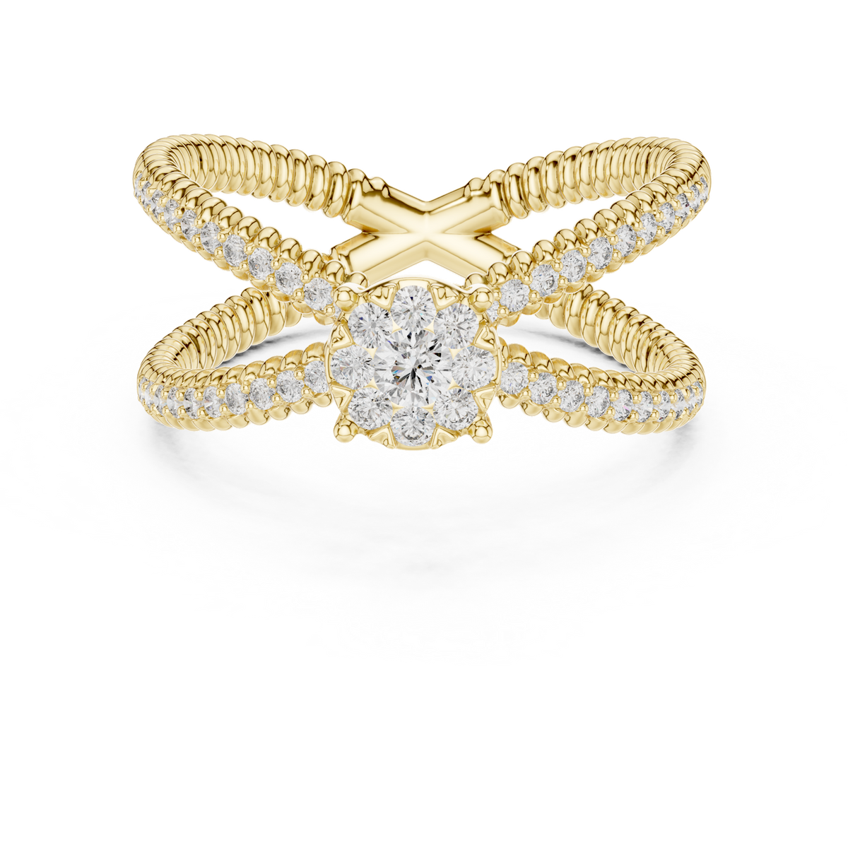 14K Solid Gold Lab Diamond Crossover Ring, Yellow Gold