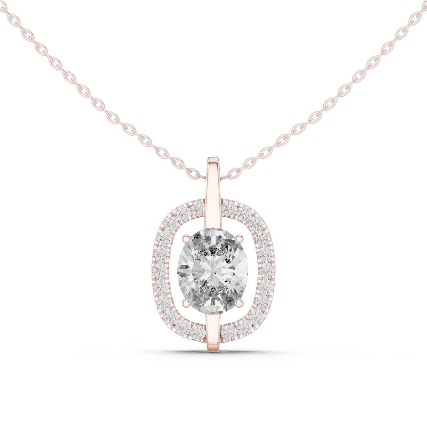 14K Solid Gold Lab Diamond Halo Pendant Necklace, Rose Gold