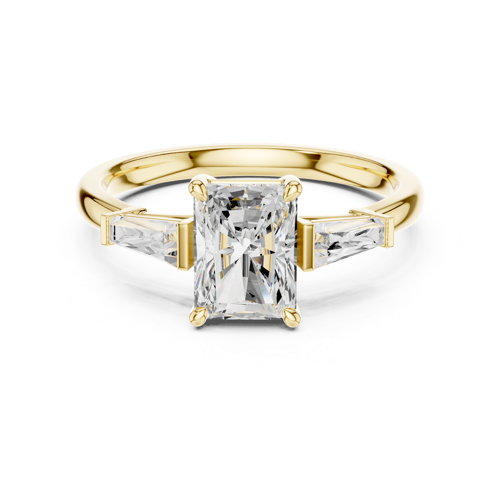 Gold Three-Stone Baguette Engagement Ring, Radiant center stone, Yellow Gold, view 4