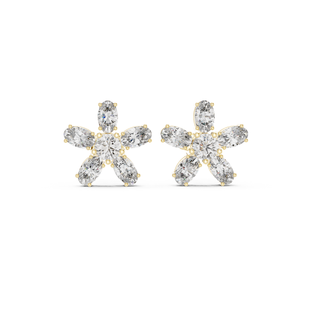 14K Solid Gold Lab Diamond Flower Cluster Earrings, Yellow Gold