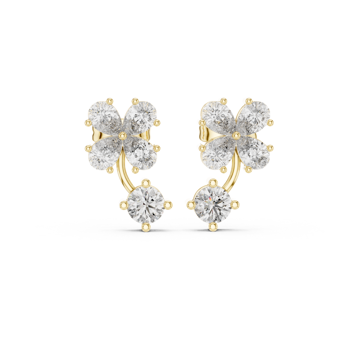 14K Solid Gold Lab Diamond Clover Drop Earrings, Yellow Gold