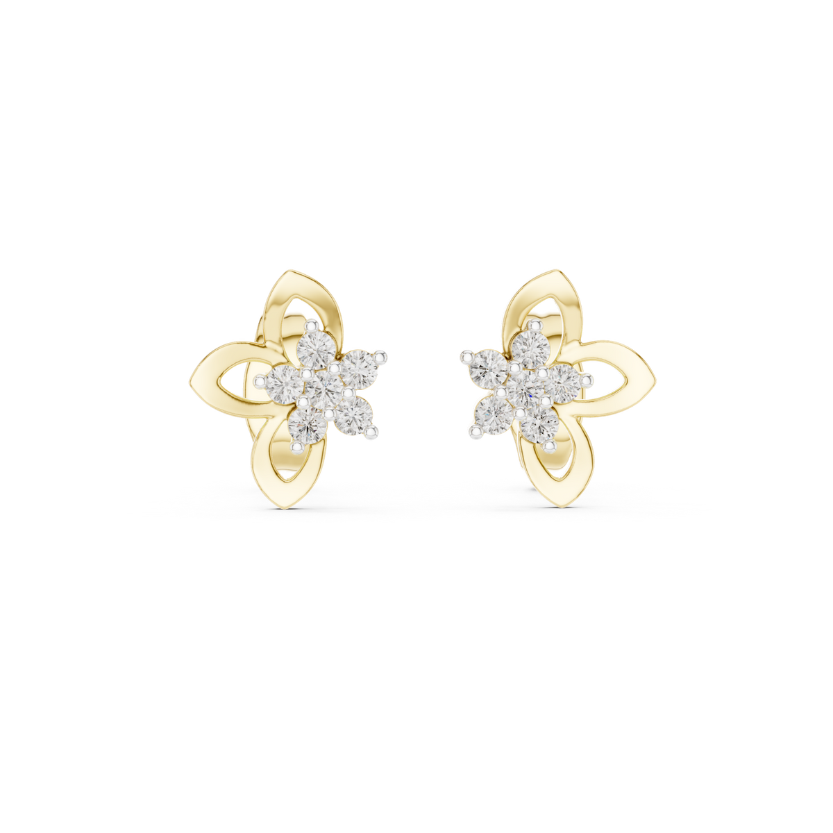 14K Solid Gold Lab Diamond Flower Cluster Earrings, Yellow Gold