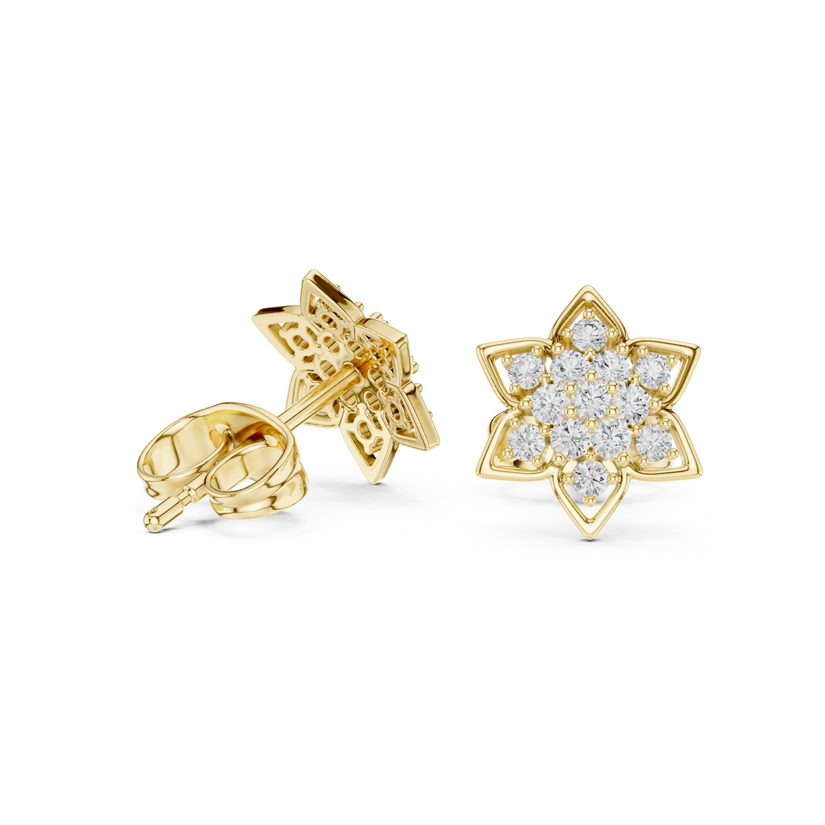 14K Solid Gold Lab Diamond Star Cluster Earrings, Yellow Gold, view 1