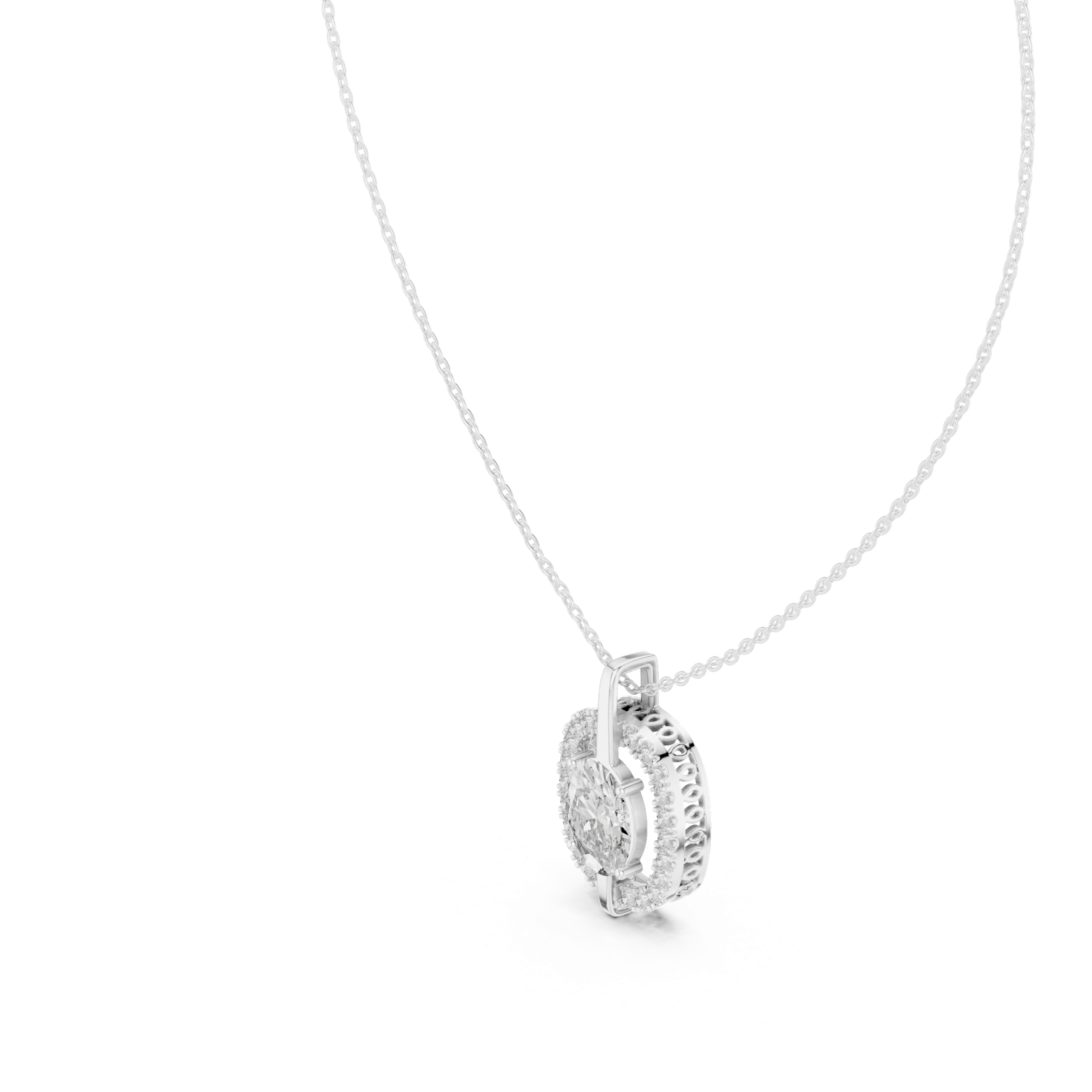 14K Solid Gold Lab Diamond Halo Pendant Necklace, White Gold, view 2