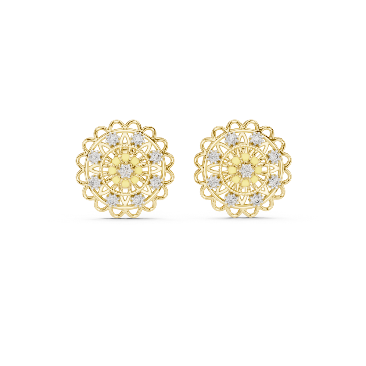 14K Solid Gold Lab Diamond Flower Halo Earrings, Yellow Gold
