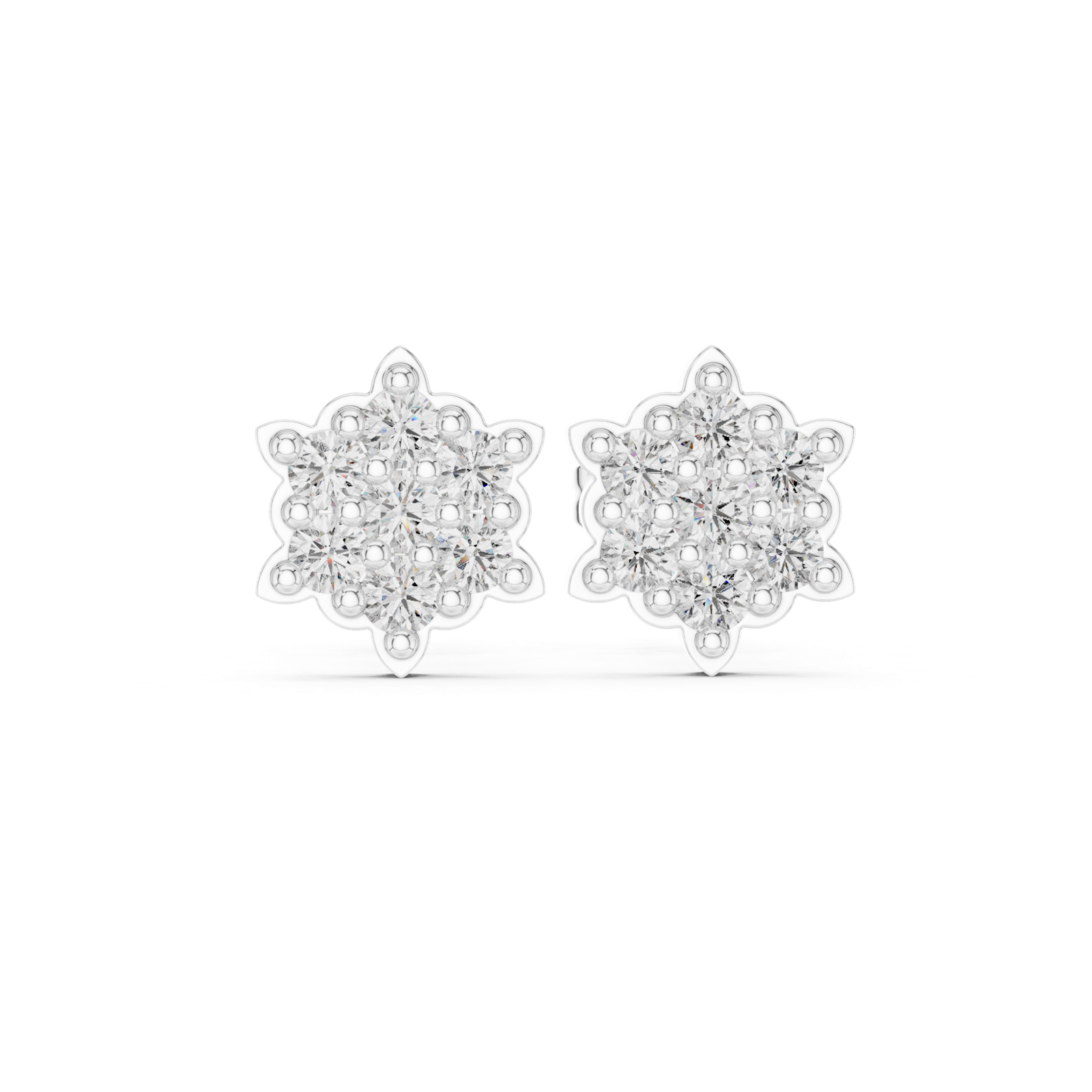 14K Solid Gold Lab Diamond Star Cluster Earrings, White Gold