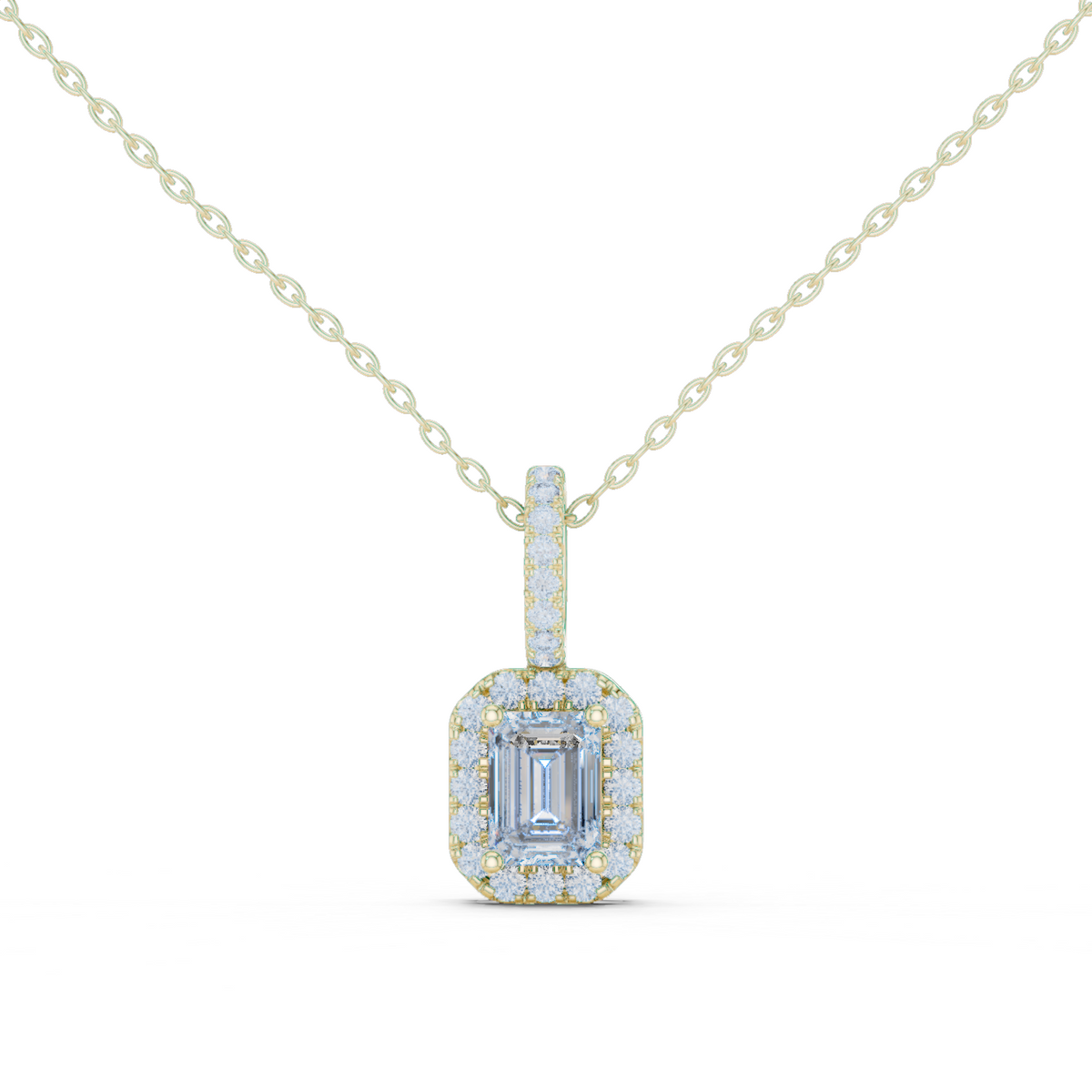 14K Solid Gold Lab Diamond Halo Pendant Necklace, Yellow Gold