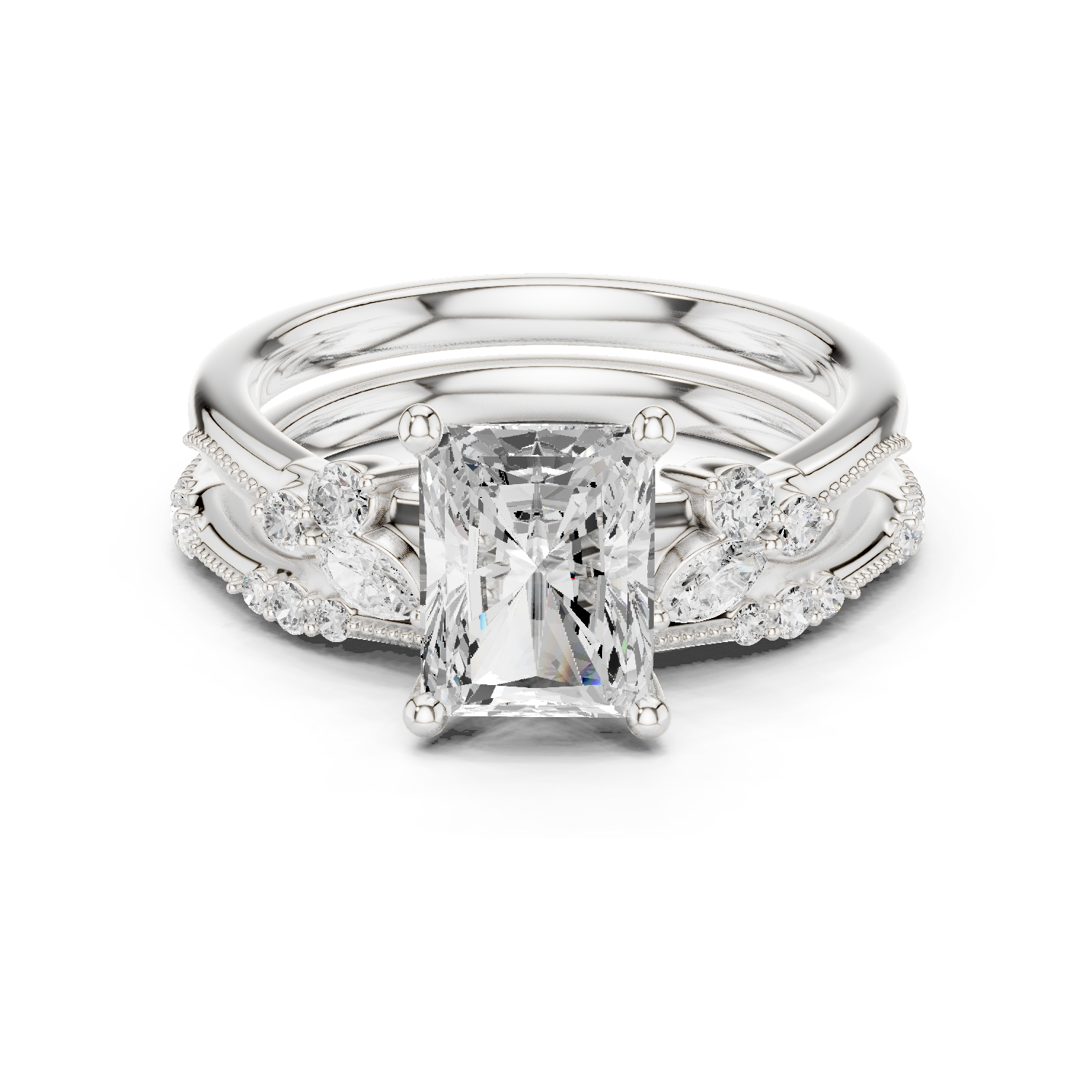 Gold Ring DDLR-299, Radiant center stone, White Gold