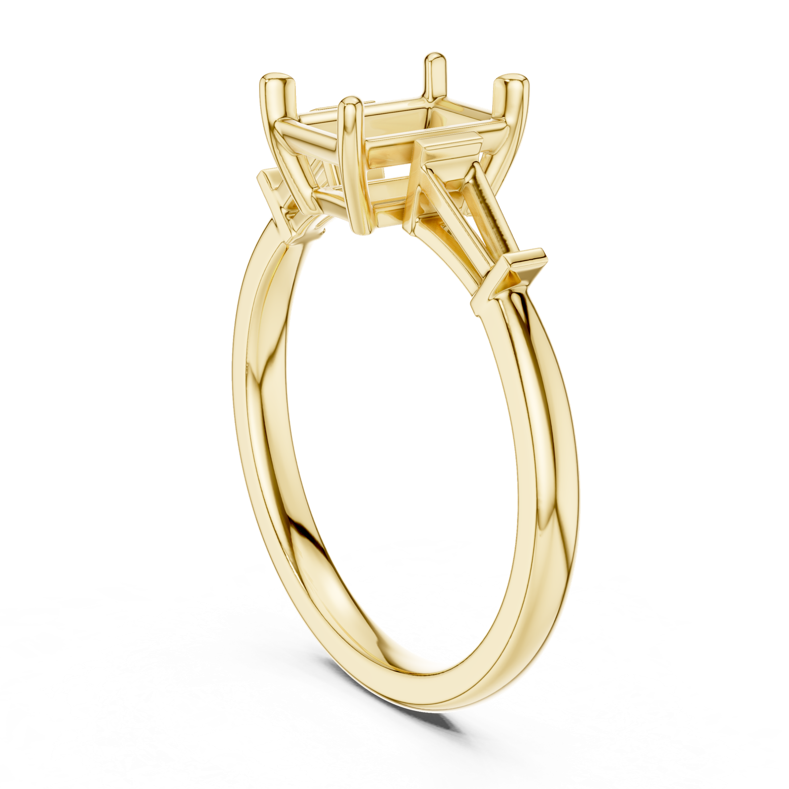 Gold Three-Stone Baguette Engagement Ring, Emerald center stone, Yellow Gold, view 1