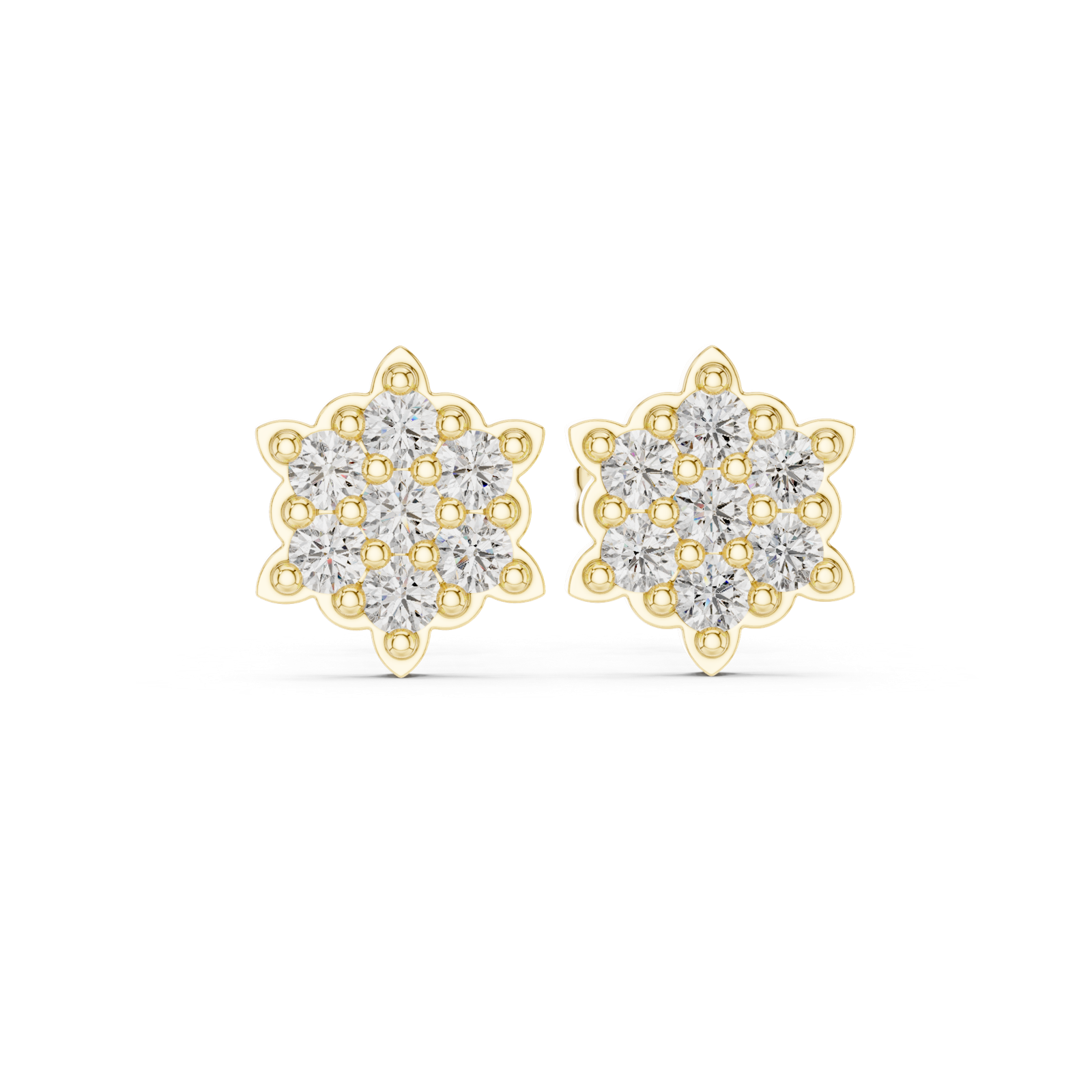 14K Solid Gold Lab Diamond Star Cluster Earrings, Yellow Gold
