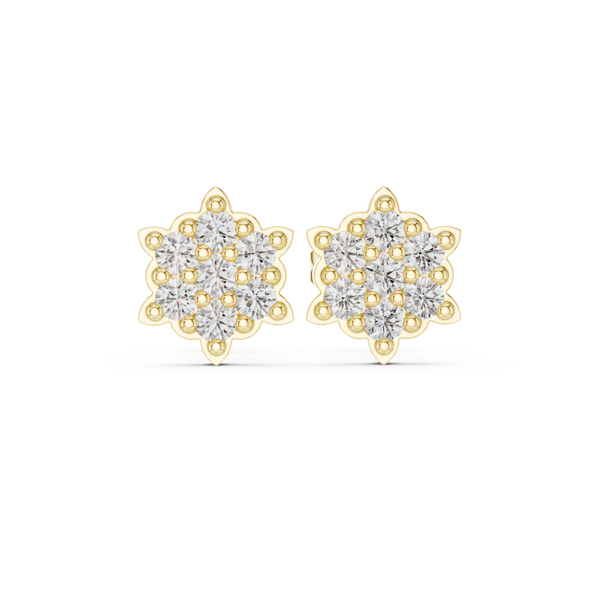14K Solid Gold Lab Diamond Star Cluster Earrings, Yellow Gold
