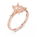 Gold Three-Stone Baguette Engagement Ring, Radiant center stone, Rose Gold, view 2