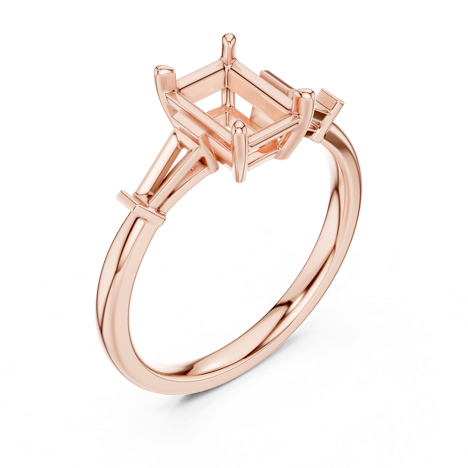 Gold Three-Stone Baguette Engagement Ring, Radiant center stone, Rose Gold, view 2