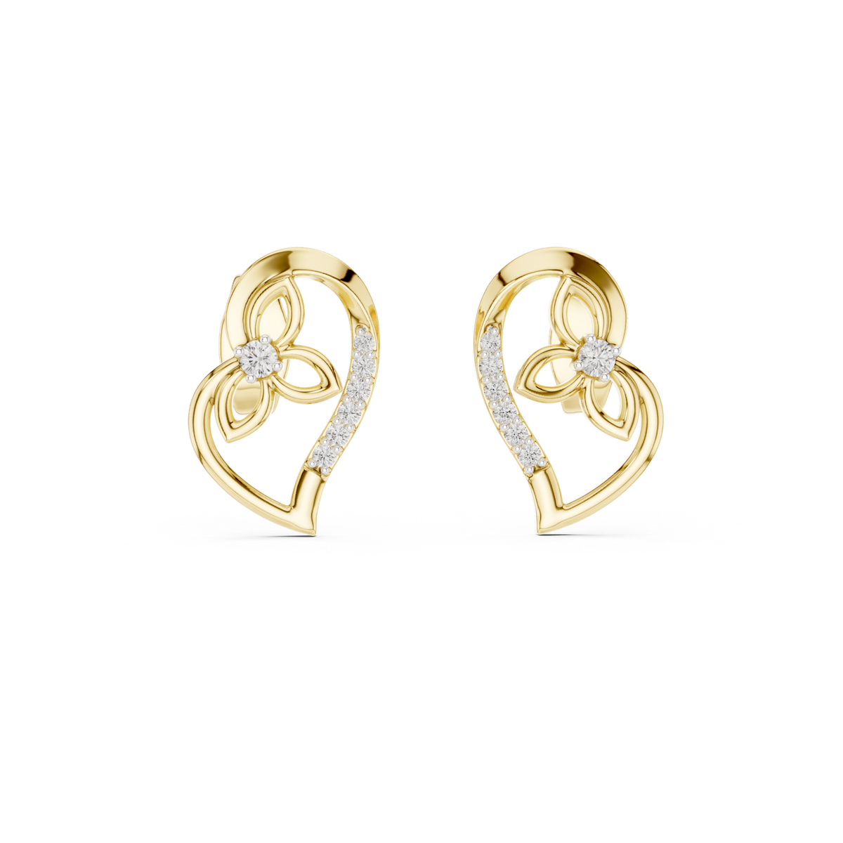14K Solid Gold Lab Diamond Heart Cluster Earrings, Yellow Gold