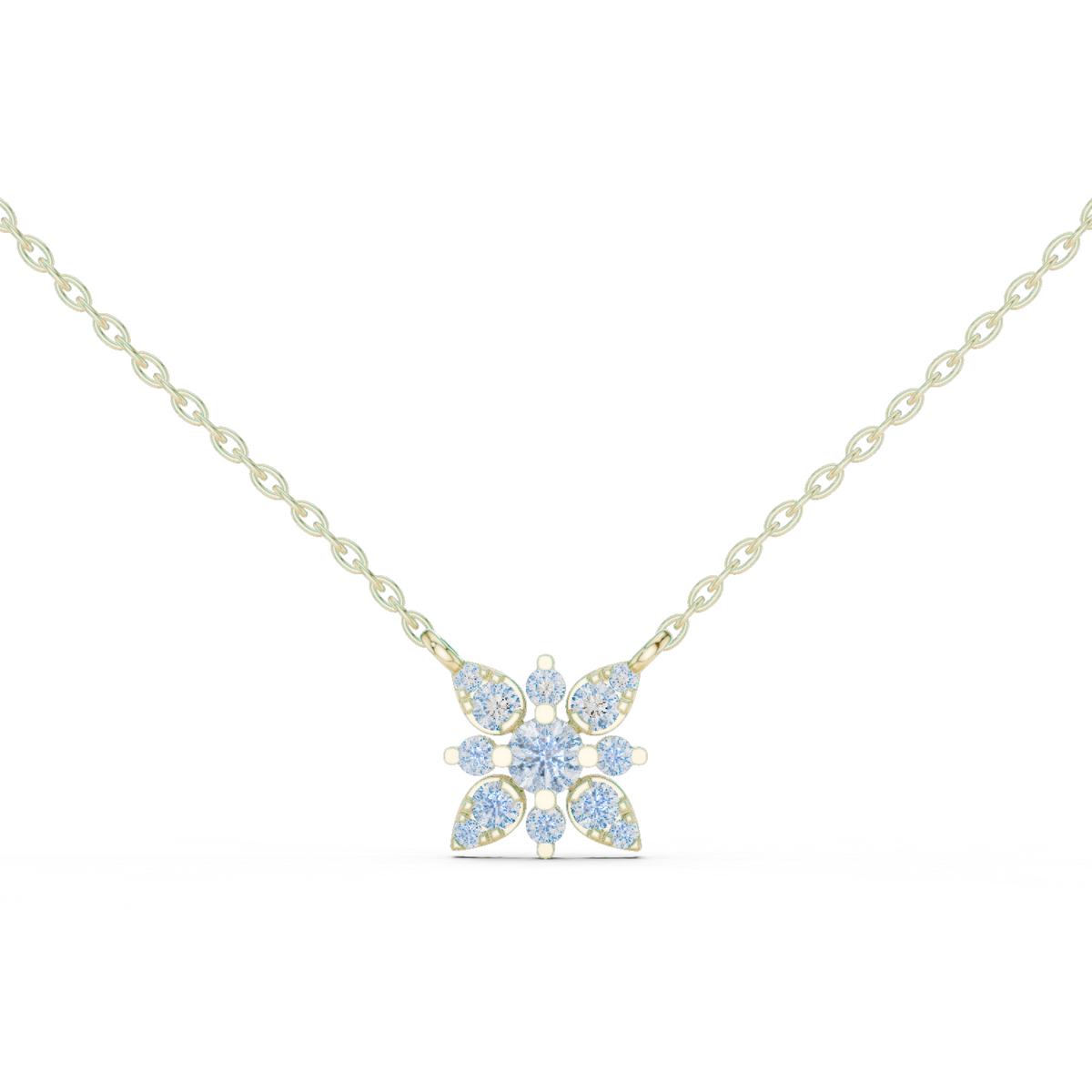 14K Solid Gold Lab Diamond Flower Halo Pendant Necklace, Yellow Gold